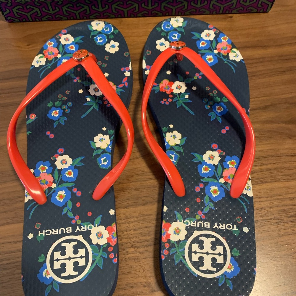 Tory Burch Red and Green Geometric Flip Flops